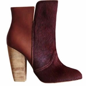 Saddle Tan Leather and Bordeaux calf hair bootie